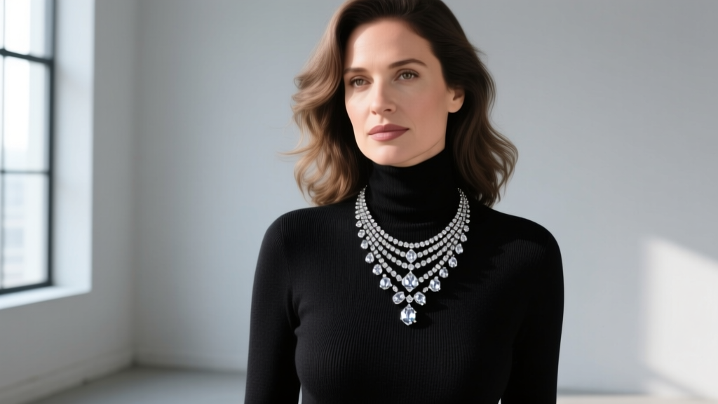 Woman wearing a layered vintage Liz Claiborne Est 1976 rhinestone pendant necklace over a modern black cashmere turtleneck top