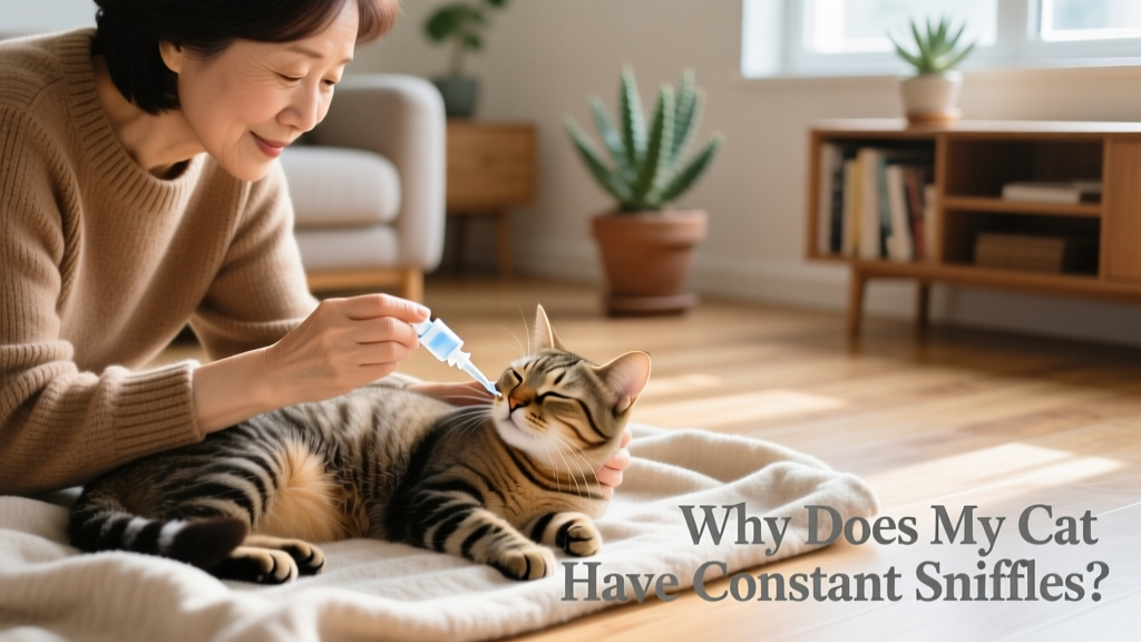 Cat owner administering saline nasal drops to a relaxed cat using a pediatric dropper, with soft lighting and calm setting