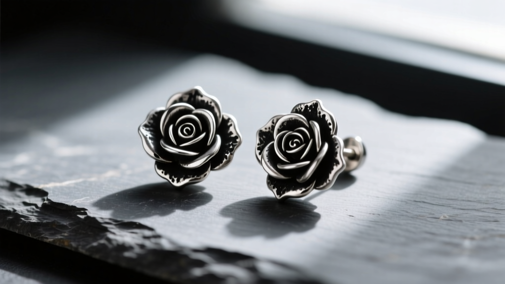 Macro shot of tarnished silver rose stud earrings on slate, showing black oxidation trapped in delicate floral petal crevices.
