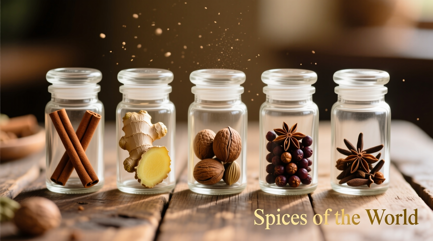 Five glass spice jars containing cinnamon, ginger, nutmeg, allspice and cloves