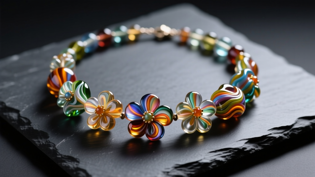 Artisan lampwork glass bead necklace with floral encasements on dark slate, illuminated by soft directional studio lighting.