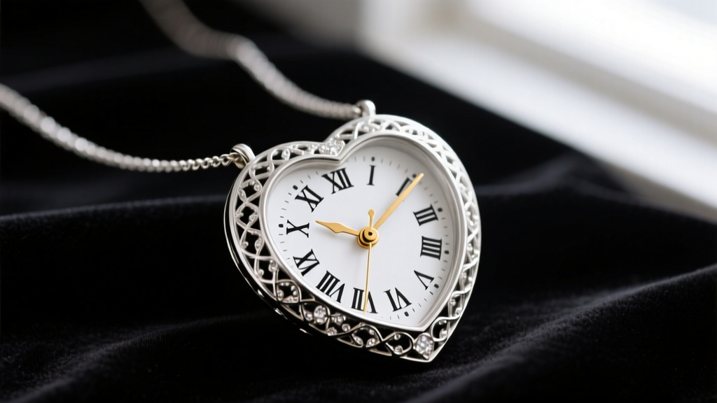 Silver heart clock necklace on dark velvet, featuring a white roman numeral dial, gold hands, and intricate filigree case details