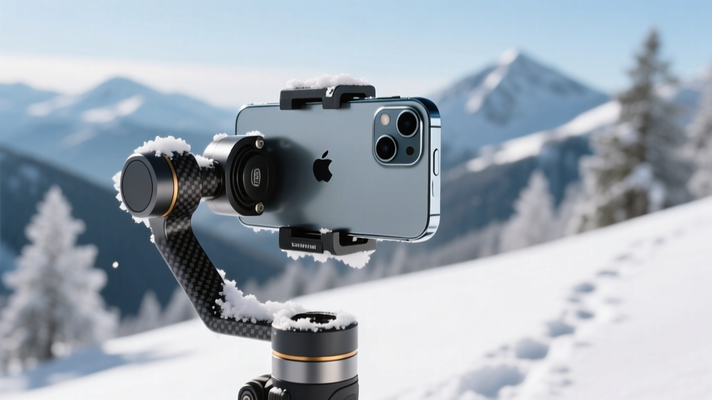 Close-up of a smartphone mounted on a carbon fiber gimbal handle with snow accumulating on the brushless motor joints during winter hike