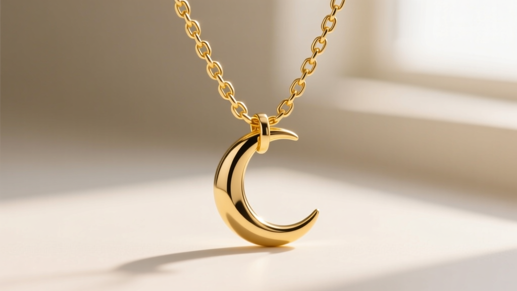 Macro shot of a 14k yellow gold box chain linking through a crescent moon pendant bail, highlighting metal texture and polish.