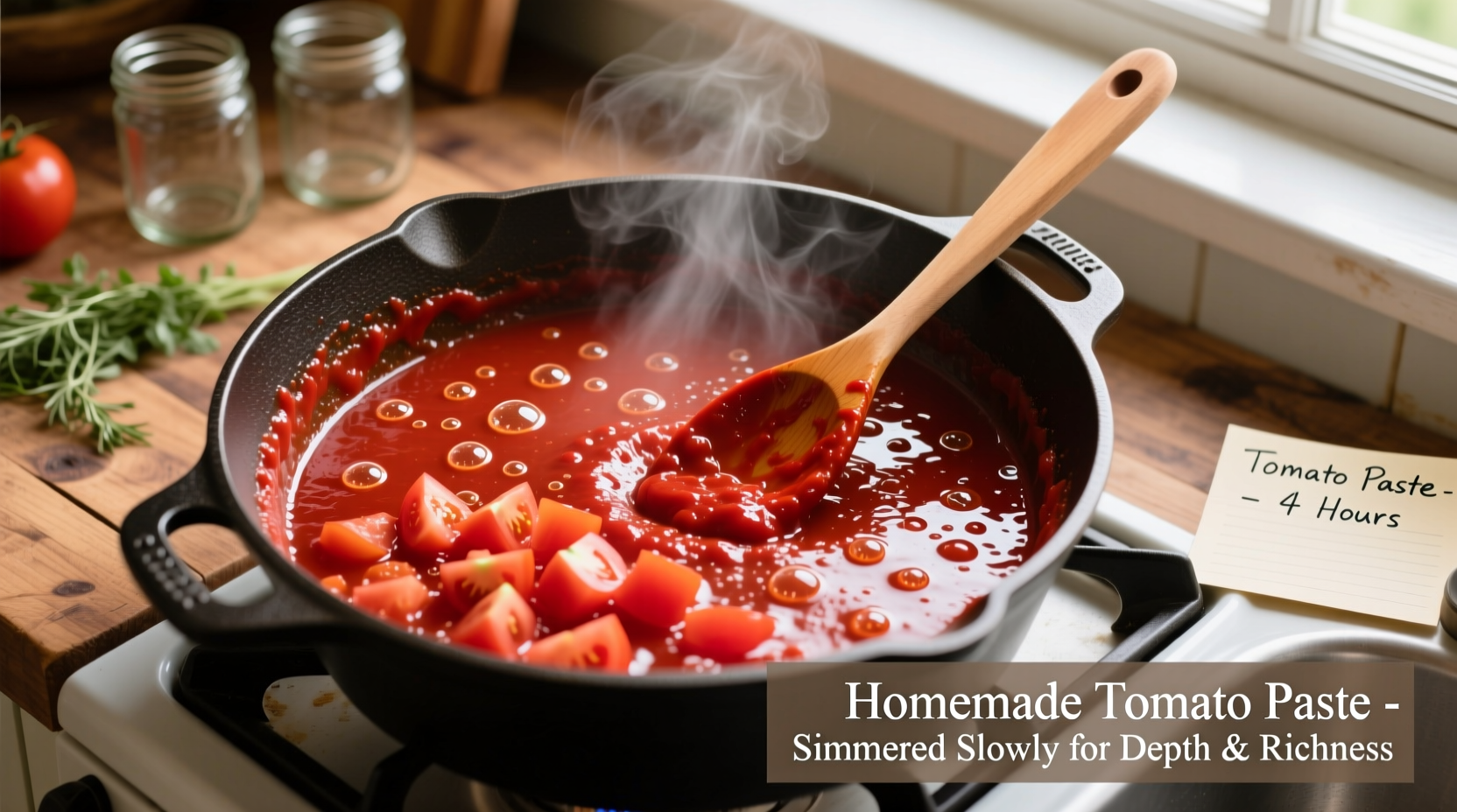 Homemade tomato paste reduction process in saucepan