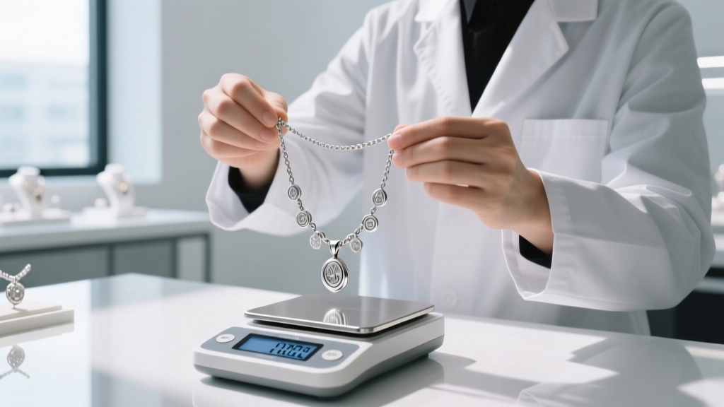 Jeweler using a digital scale to weigh a sterling charm necklace under bright lighting during a professional jewelry appraisal.