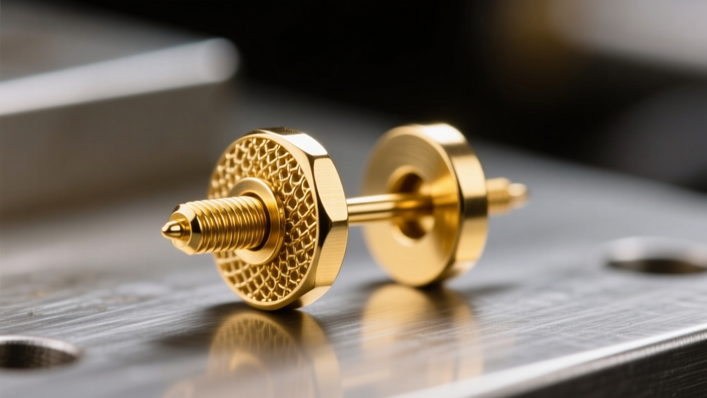 Close-up of an 18-gauge gold earring post meshing perfectly with a threaded screw back nut under bright jeweler bench lighting.