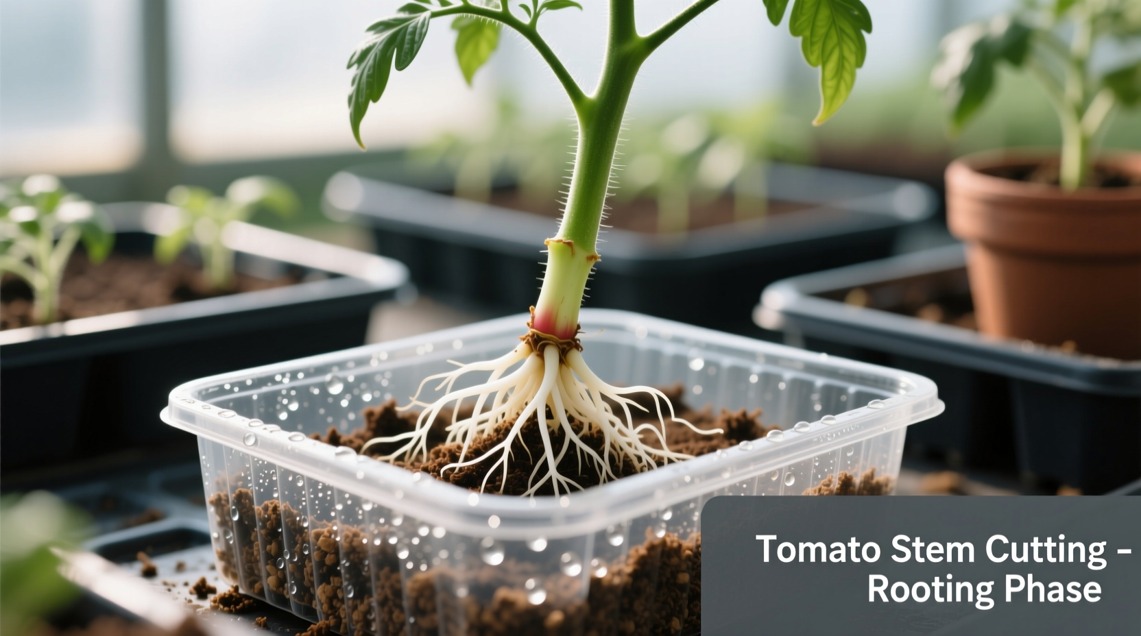 Tomato stem cutting in propagation tray