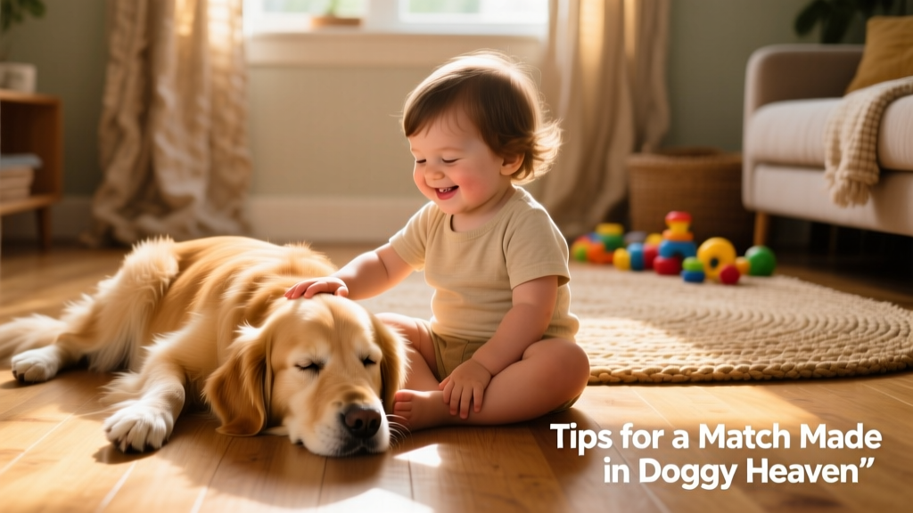 Toddler sitting cross-legged on the floor, gently petting a relaxed golden retriever