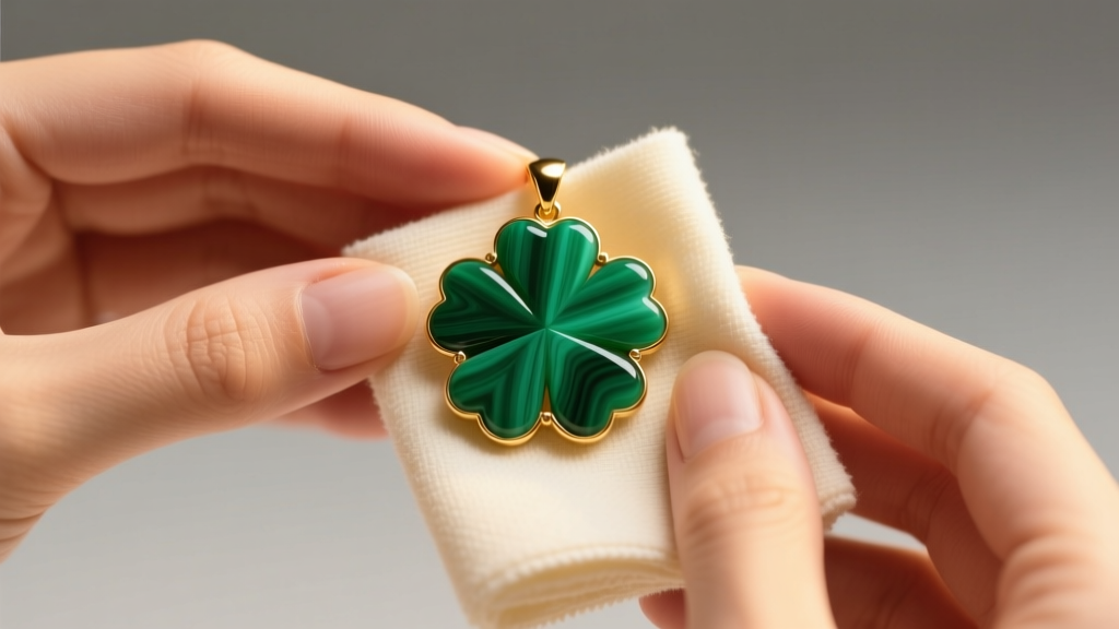 Hands using a soft cloth to gently wipe a green malachite clover pendant, avoiding the gold bezel, under warm studio light.