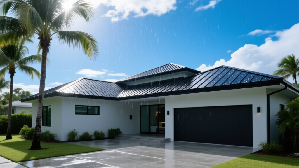 Modern Tampa home with dark standing seam metal roof, palm trees, and clear blue sky after a heavy coastal storm