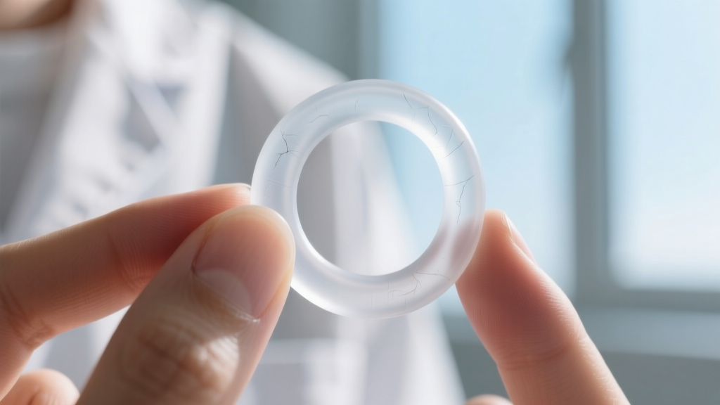 Close-up of a flexible translucent PTFE ear retainer bending slightly between fingers, showing its bio-compatible matte finish.