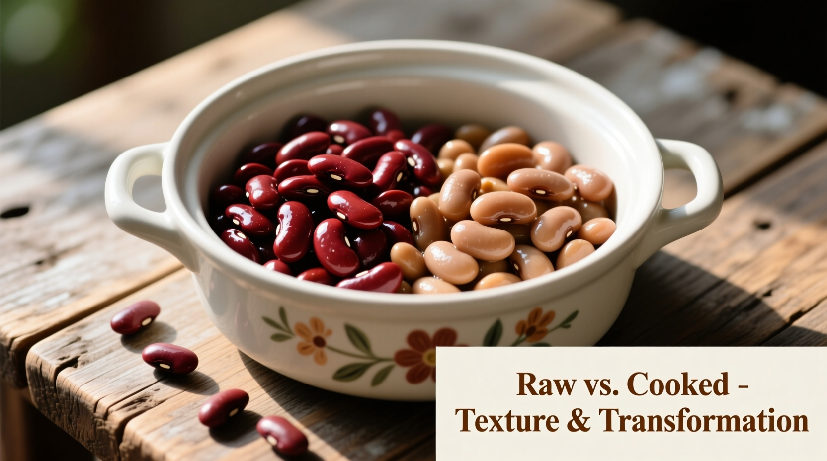 Raw kidney beans next to cooked beans in a pot