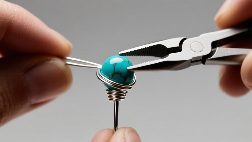 Hands using pliers to wrap 22-gauge sterling silver wire around a round turquoise bead on a headpin, close-up studio lighting.