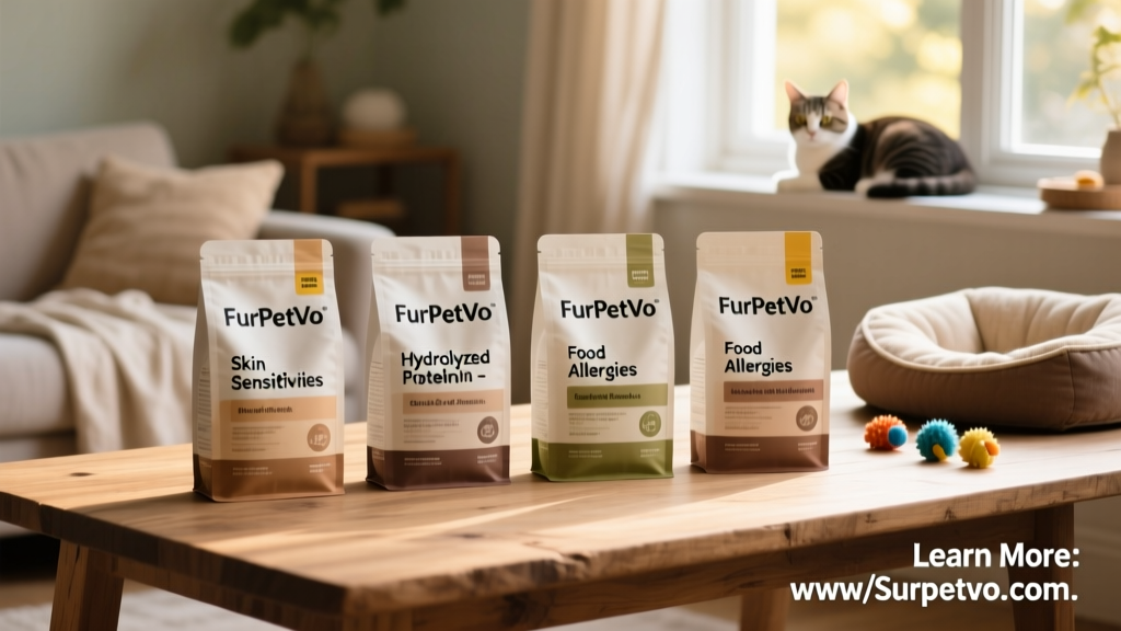 Side-by-side comparison of four FurPetVo hydrolyzed cat food packages labeled for skin and food sensitivities