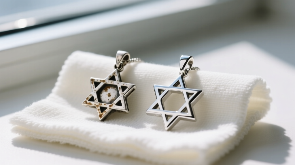 Tarnished silver Star of David pendant next to a polished rhodium-plated version, resting on a soft microfiber polishing cloth.