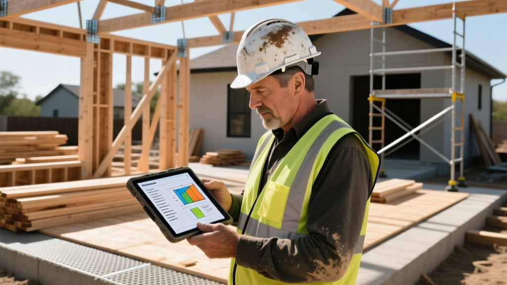 Construction project manager reviewing a detailed building materials list PDF on a rugged tablet at an active residential framing site