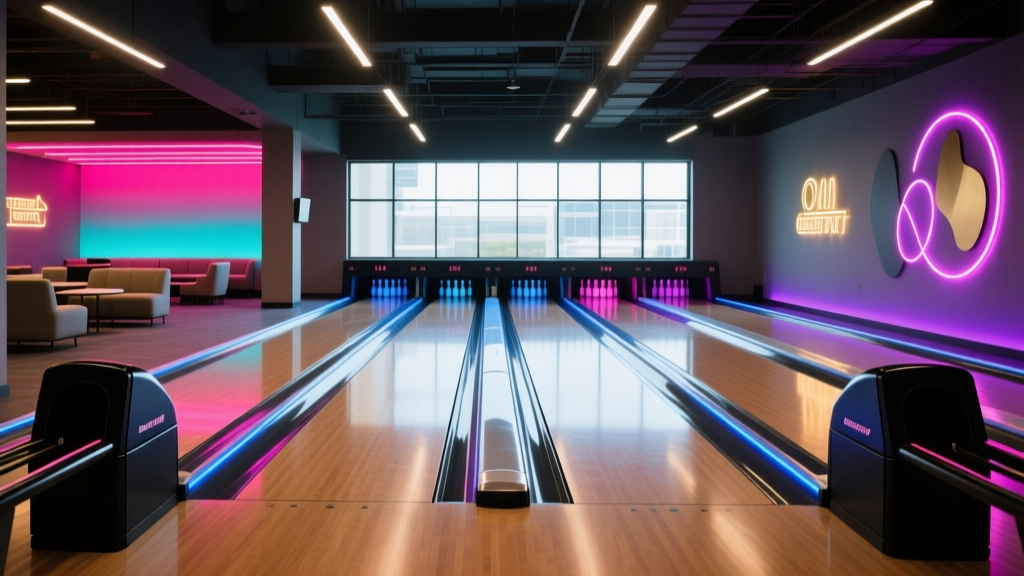 Modern 16-lane bowling center interior with LED lane lighting, sleek masking units, and a neon-lit lounge area in the background