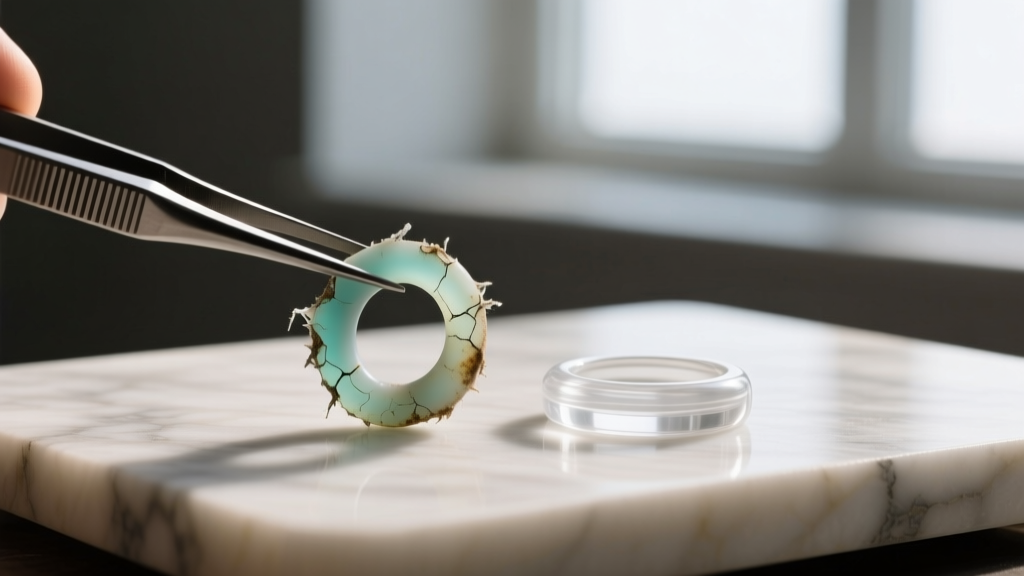 Tweezers holding a degraded silicone O-ring next to a clear replacement ring on a jeweler