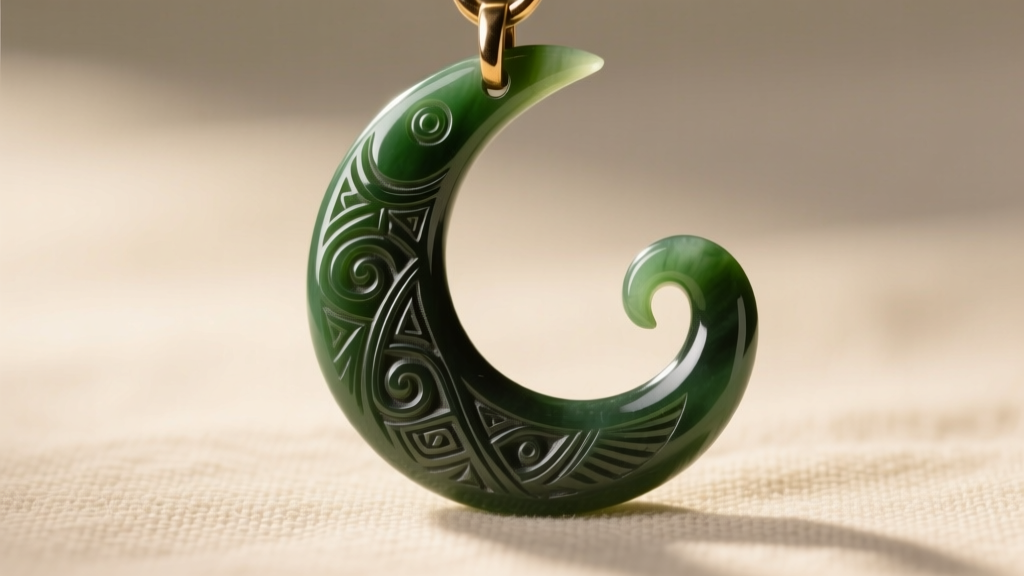 Close-up of an Inanga pounamu Hei Matau fish hook pendant showing tribal notches and the polished waxy luster of the jade.