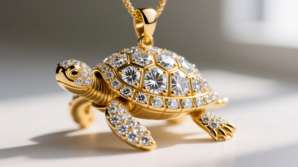 Macro shot of a custom diamond turtle pendant showing VVS1 pave set stones on the shell and 14k yellow gold prongs on the claws.