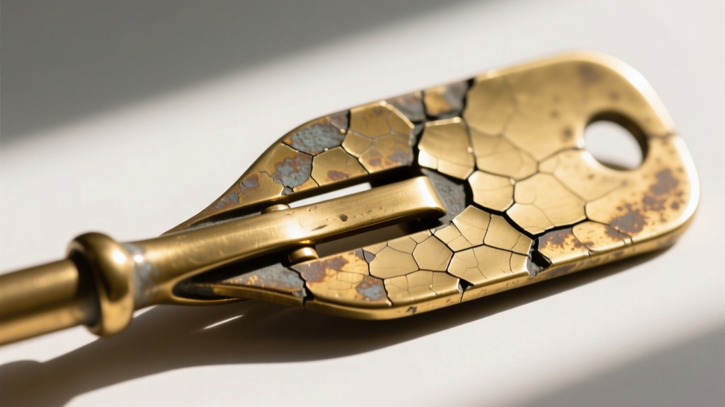 Macro view of a damaged brass paddle clip showing metal fatigue and stress fractures near the hinge joint in bright natural window light.