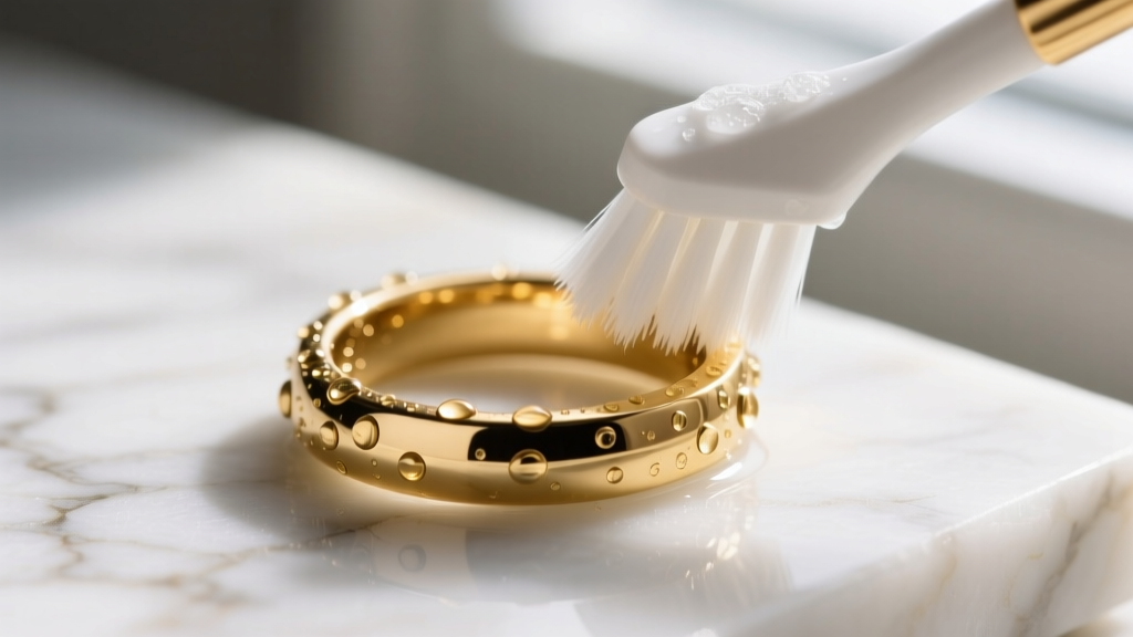 Macro shot of a 14k gold segment ring gently brushed with a soft toothbrush and mild soap on a clean white marble surface.