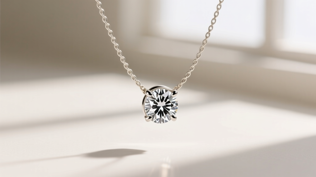 Macro shot of a bezel-set floating diamond pendant threaded onto a delicate 0.9mm white gold cable chain showing the hidden bail.