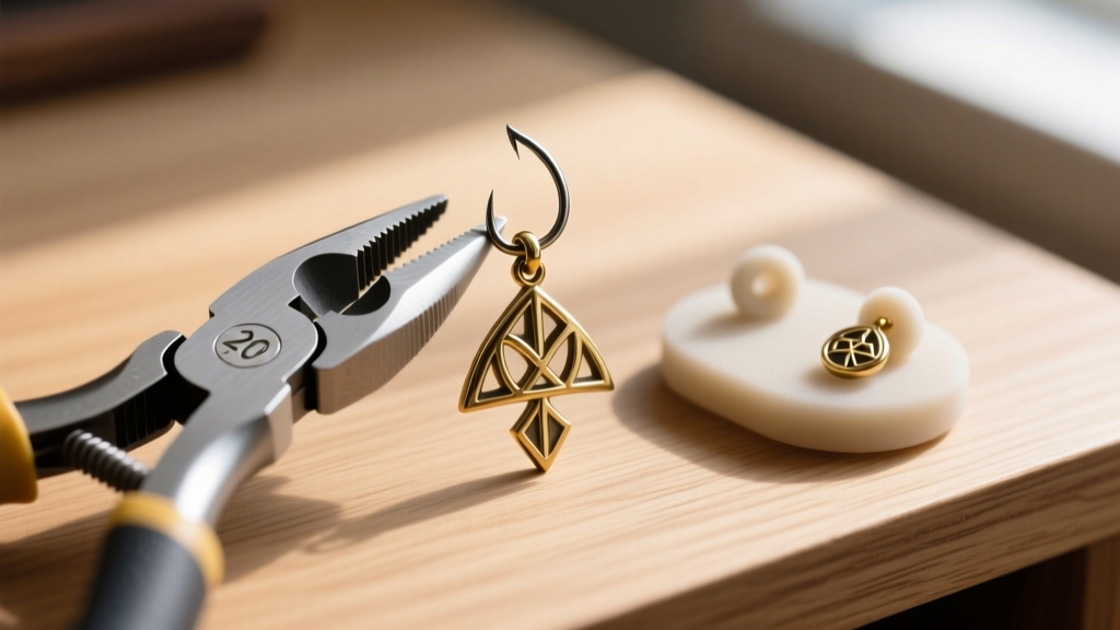Pliers attaching a 20-gauge titanium fishhook to a brass Triforce pendant beside a silicone earring support pad on a wooden desk.