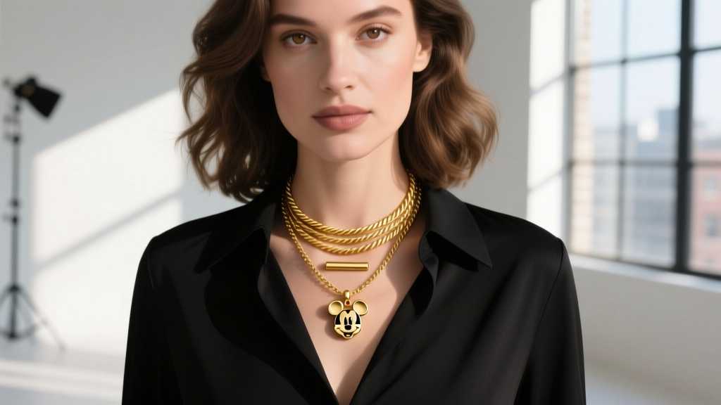 Woman wearing a layered necklace stack with a small 10mm Mickey Mouse gold pendant on a 16-inch rope chain and a plain gold bar.