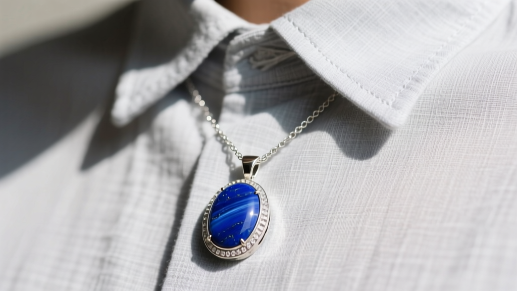 A bezel-set oval lapis lazuli pendant on a 22-inch chain layered over a light grey linen collared shirt in bright natural sunlight.
