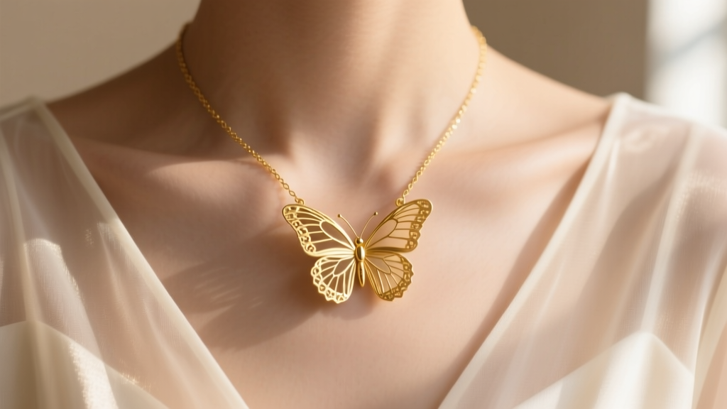 Close-up of a delicate 14k solid gold dainty butterfly necklace resting on a silk slip dress collarbone, soft morning lighting