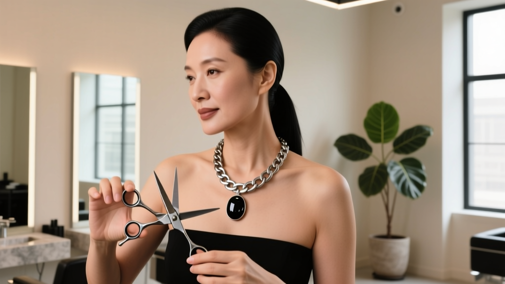 Stylist wearing a 15-inch titanium box chain necklace with a smooth bezel onyx pendant, holding scissors in soft salon lighting