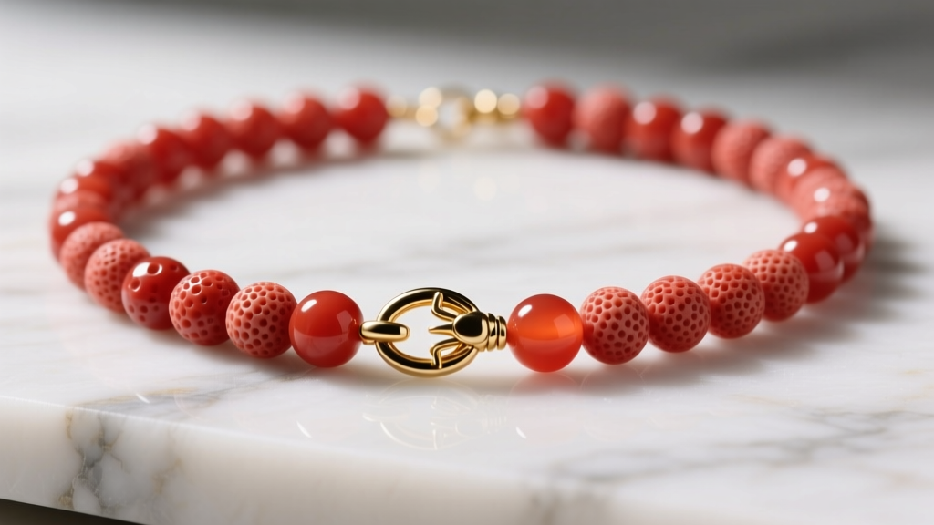 Close-up of a red coral seed bead necklace on marble, showing organic bead pitting and a secure gold-filled lobster clasp