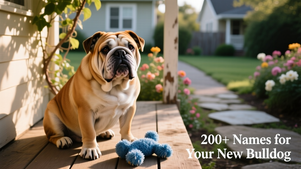 A happy, wrinkled English Bulldog sitting calmly on a sunlit porch with a soft toy nearby