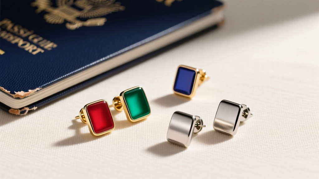 Top-down view of five matte enamel and brushed titanium stud earrings on linen beside a dark blue passport travel booklet.