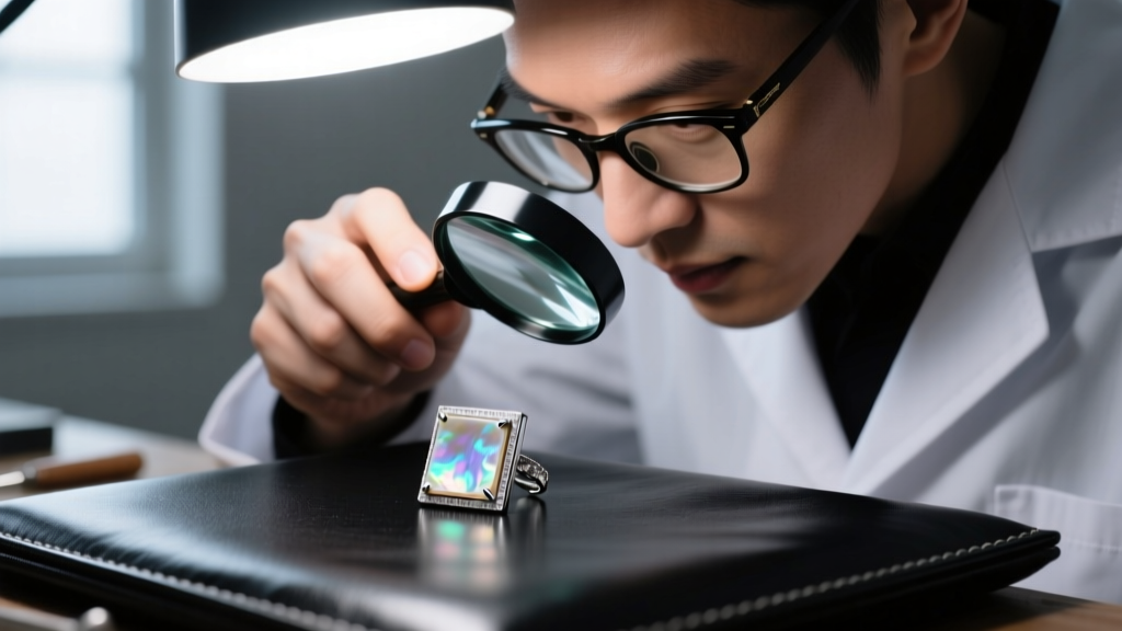Jeweler using a loupe to inspect the 90-degree corner of a square-cut mother-of-pearl inlay earring under bright bench lighting.