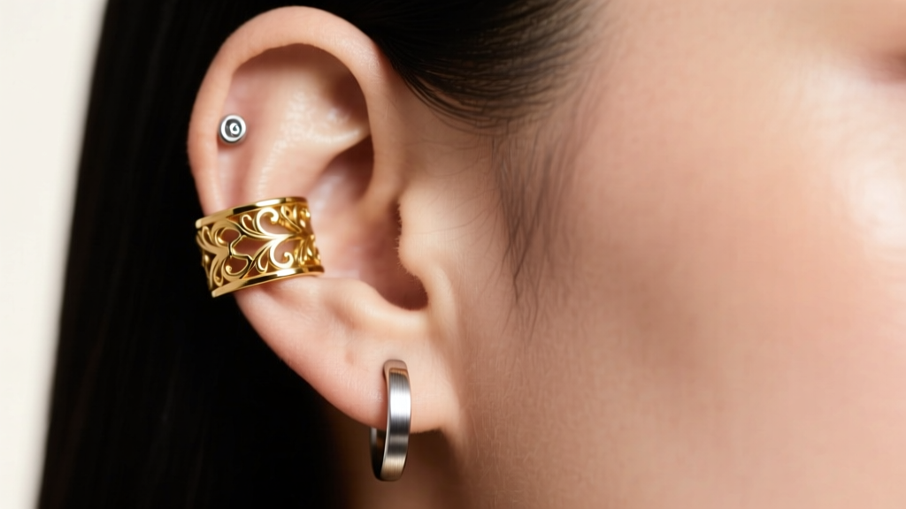 Macro shot of a model wearing an 18k gold ear cuff and 16-gauge titanium cartilage hoop under soft studio lighting.