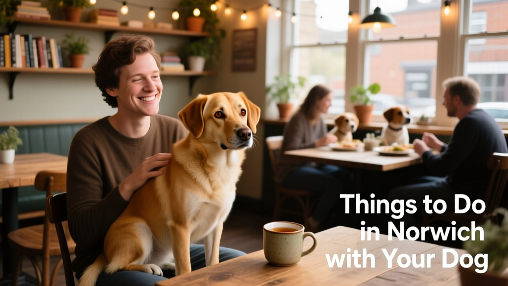 A dog sitting calmly on a pet parent's lap inside a cozy, dog-friendly restaurant