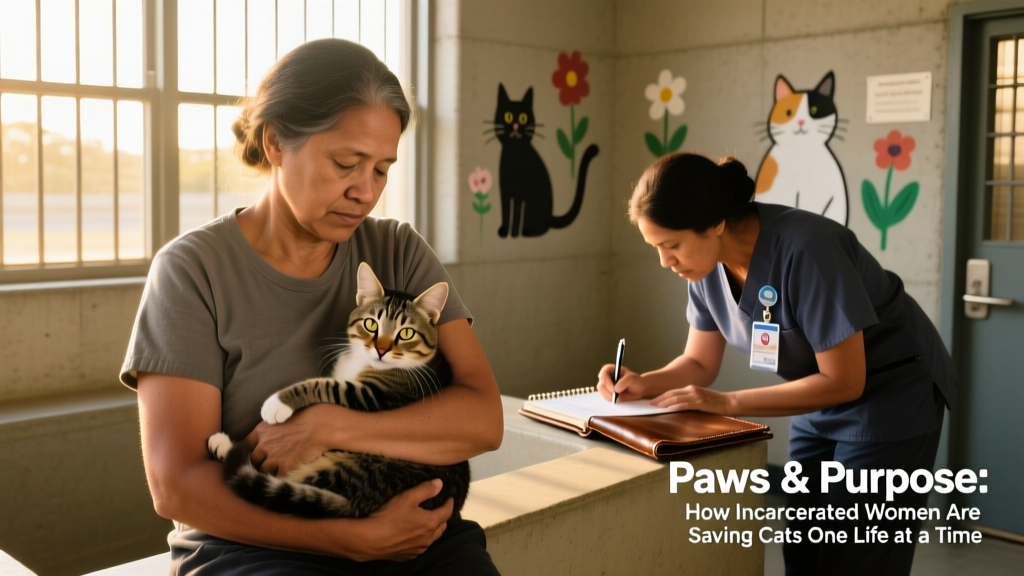 An incarcerated woman gently holding a calm, healthy-looking kitten while another woman records notes in a medical logbook