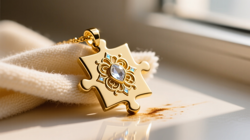 Macro shot of a soft microfiber cloth gently buffing the metallic gold surface of an anime replica puzzle pendant to remove tarnish.