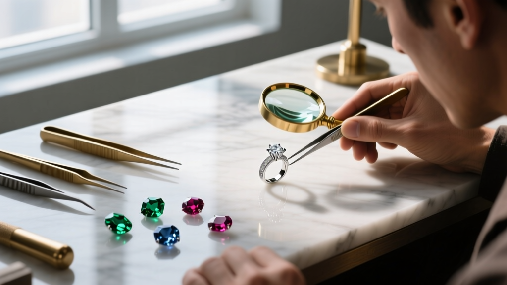 Top-down view of a jeweler's steel bench pin covered in silver dust, a jeweler's saw, a torch, and scattered polished sterling silver rings.