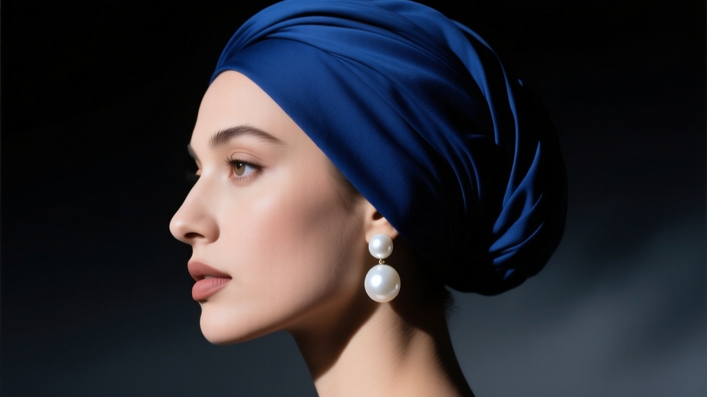 Side profile of a woman wearing a large 14mm white pearl drop earring and blue turban against a dark, moody chiaroscuro backdrop