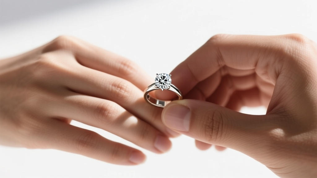 Close-up of hands exchanging a 14k white gold diamond ring, soft light highlighting the brilliant cut stone