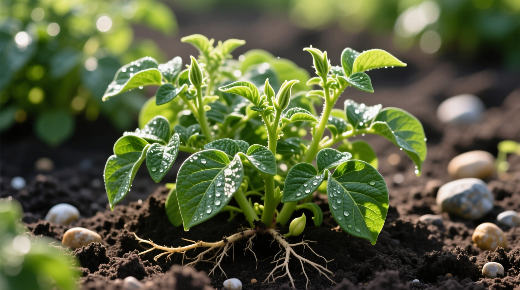 Healthy potato plants with green foliage in garden soil