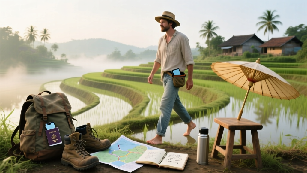 Route for Less walking in a rice field in Vietnam while traveling solo