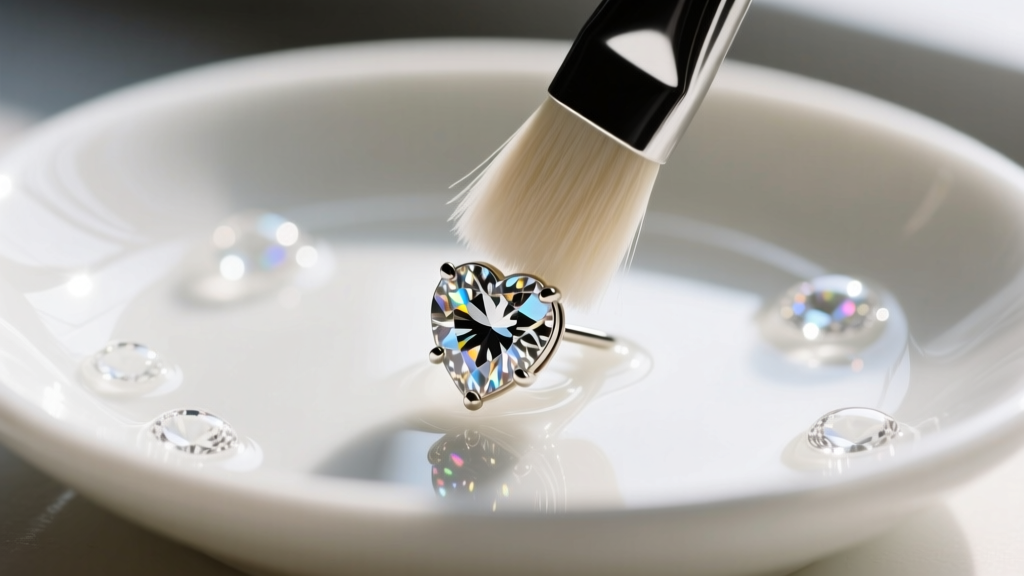 Soft brush cleaning the underside gallery of a diamond heart stud earring submerged in warm soapy water on a white ceramic dish