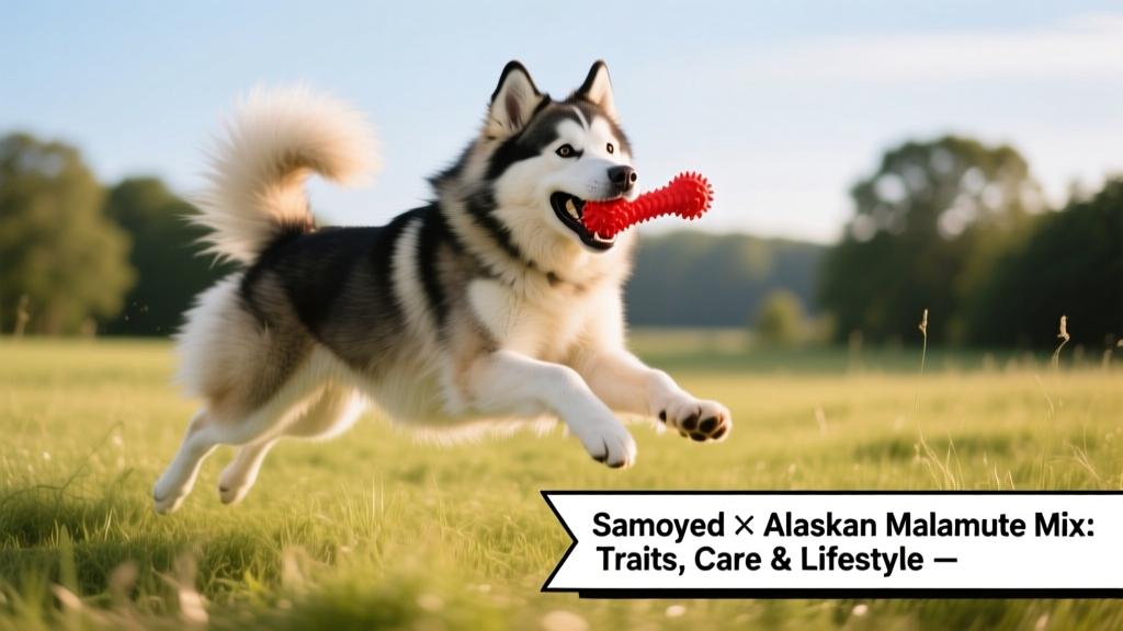 A young Samoyed-Alaskan Malamute mix playing fetch in a grassy field, mid-leap with a toy in its mouth