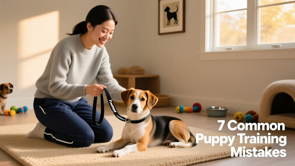 A trainer kneeling beside a relaxed puppy on a soft mat, gently holding a FurPetVo leash and smiling