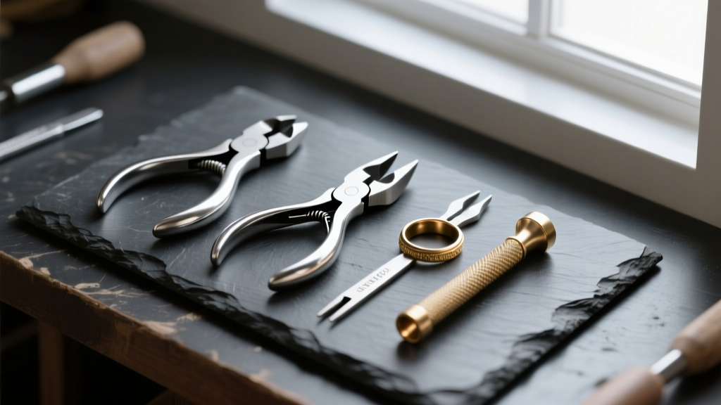 Overhead flat-lay of premium stainless steel jewelry pliers, flush cutters, and a brass ring mandrel on a dark slate workbench.